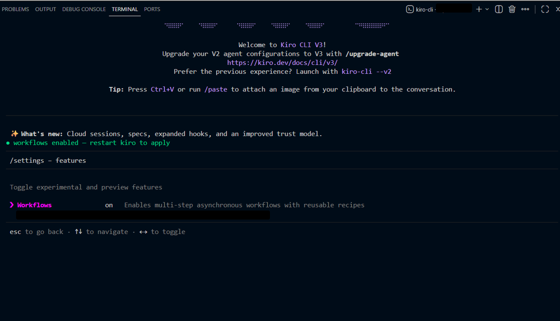 The Kiro CLI settings screen with the Workflows feature turned on.
