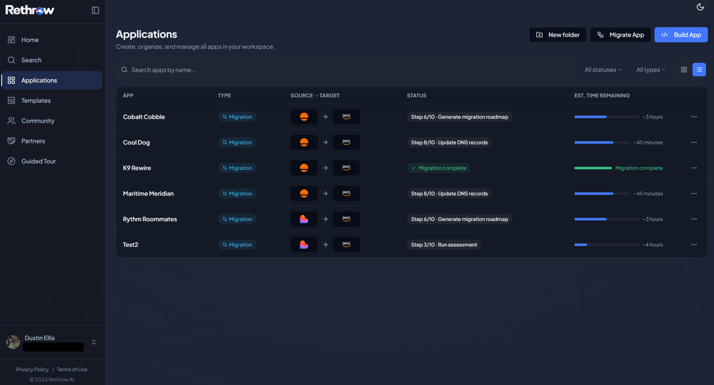 The Rethrow migration dashboard listing applications and the progress of each migration.