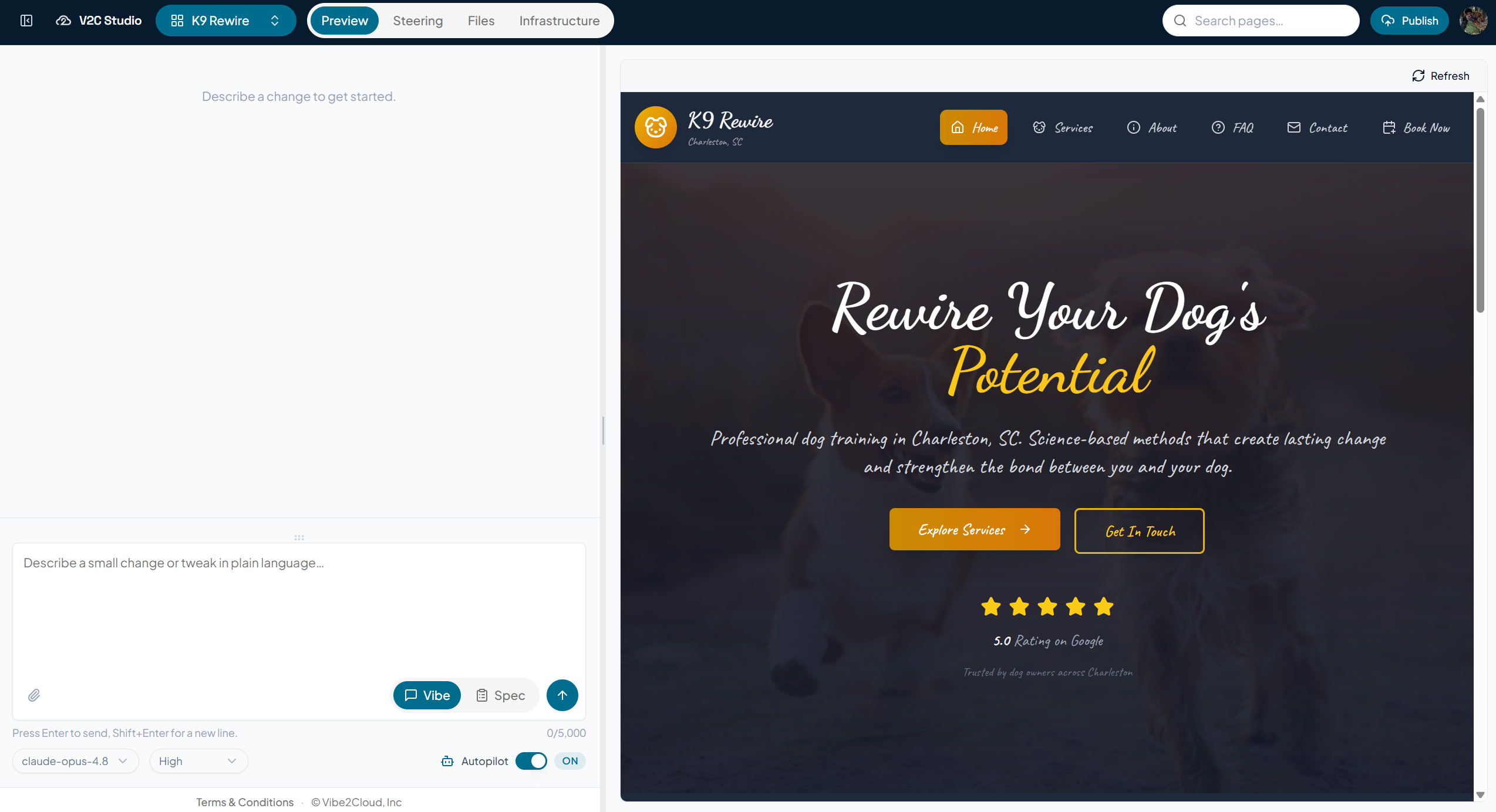Rethrow Studio interface showing model selection, Vibe and Spec modes, prompt workspace, and live application preview